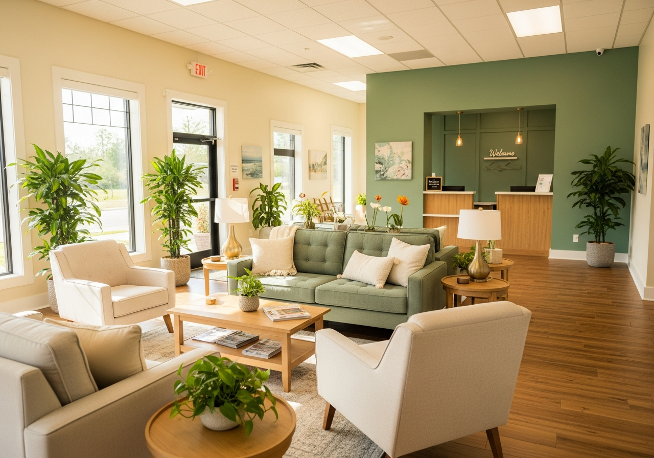The warm, plant-filled lobby of the clinic