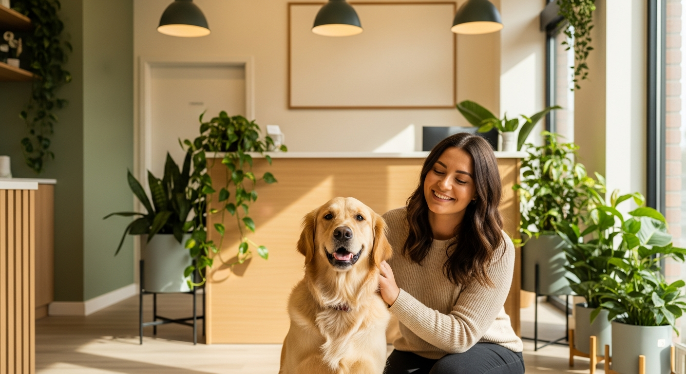 A relaxed golden retriever with its owner in the clinic lobby